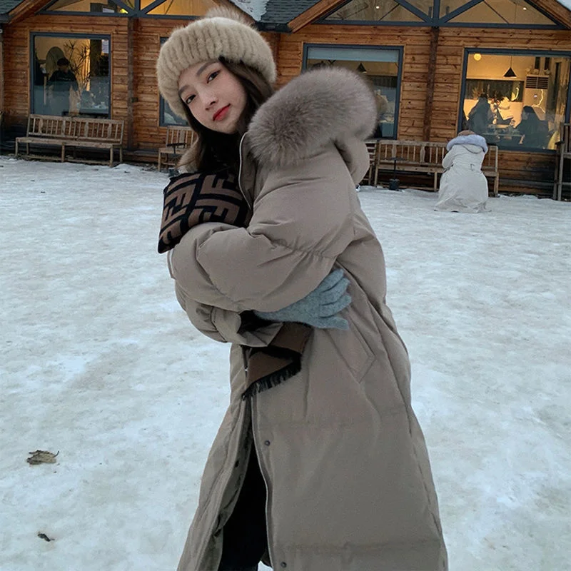 White Duck Down Jacket Women's Big Real Fur Collar Hat Long Loose Thickened Office Lady Warm Elegant Fashion Solid Down Coat