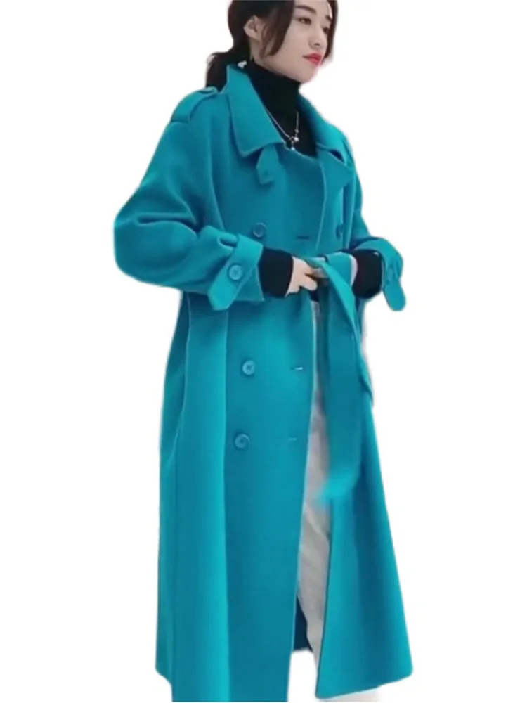 

Woolen Coat Women High Quality Double Faced Cashmere Outerwear 2022 Autumn Winter New Fashion Loose Belt Slim Long Blends Jacket