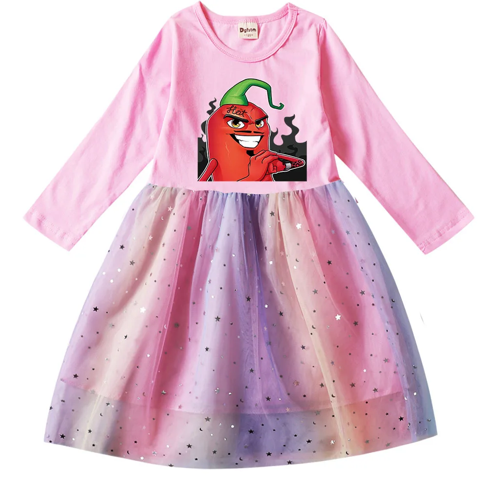 

2022 Summer Girls Funny Merch Edison Pepper Dresses Kids Cartoon Costume Sequin Mesh Carnival Children Long Sleeve Casual Dress