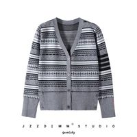 tb striped jacquard knitted sweater cardigan womens autumn and winter new waist slim slim v neck long sleeved top coat