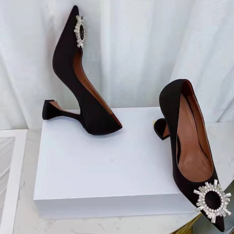 Black Pointed Toe Rhinestone High Heels Stiletto 2022 Spring and Autumn New Satin Single Shoes Medium Heel Women's Shoes