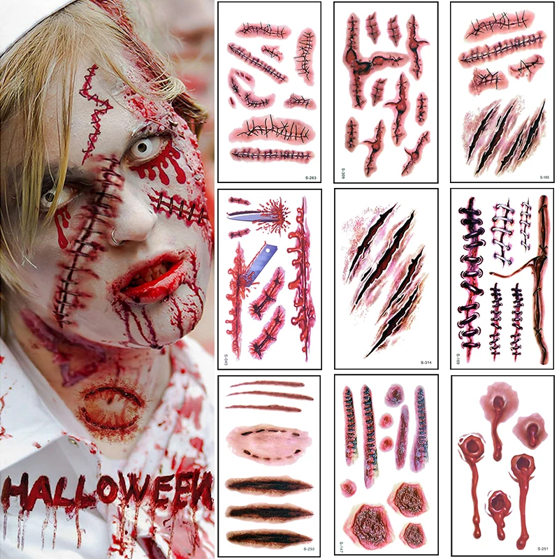 

10Sheets Halloween Decoration Scar Tattoo Stickers Horror Bloody Wound Waterproof Temporary Tattoos Party DIY Body Art Makeup