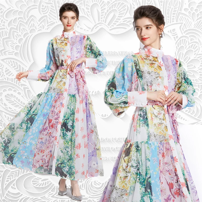 Spring Summer Women Printing Design Leisure Vintage Holiday Beach Belt Dress Temperament High Quality Long Dress