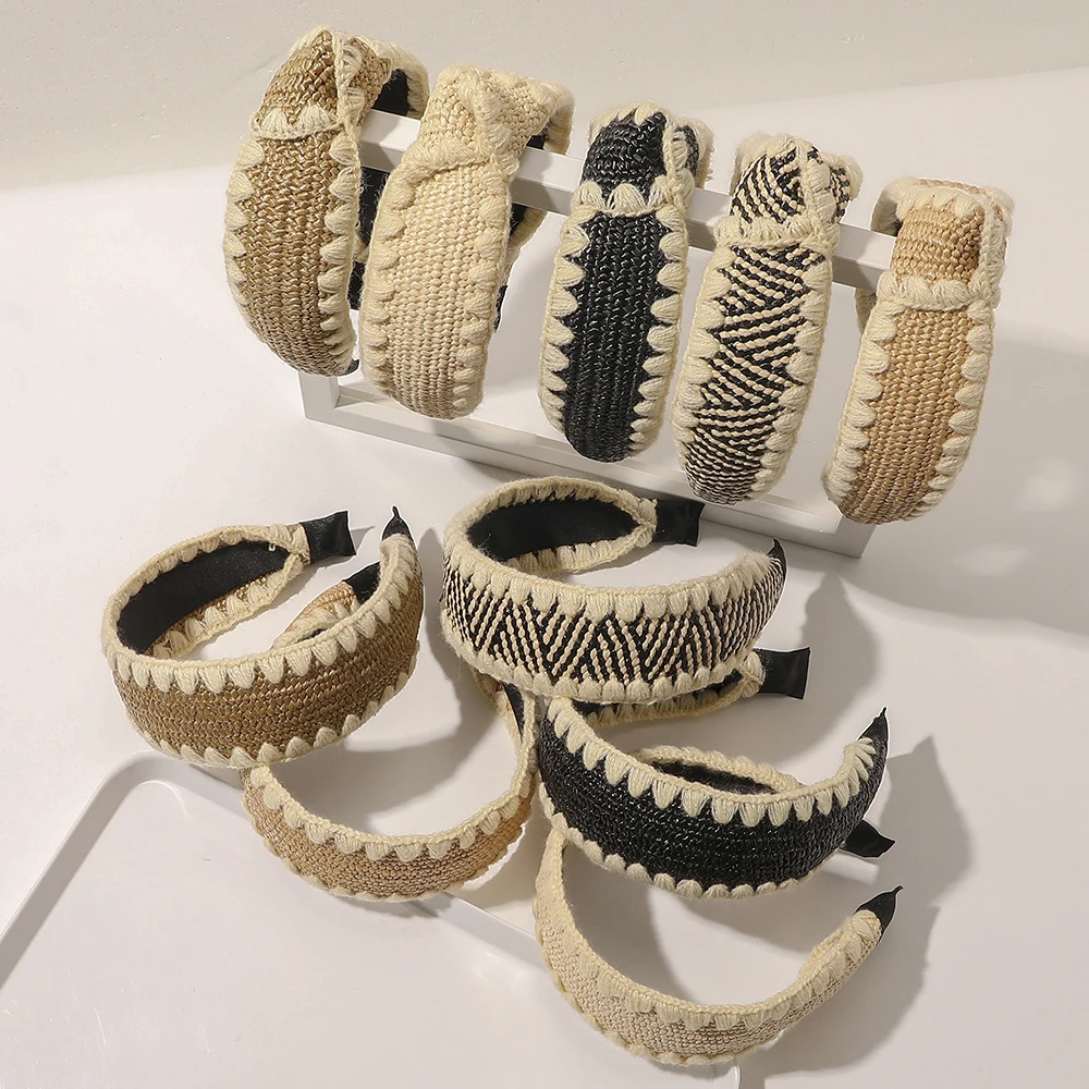 

European Wide Wool Edge Lafite Headband Braided Cute Knotted Bow Hairband Knitting Hair Hoop Girl Makeup Wash Hair Accessories