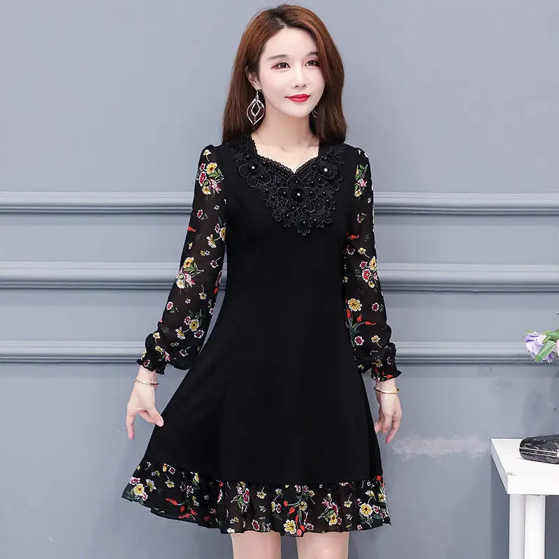 

Elegant Fashion Embroidery BeadingRound Neck Dress Spring Summer Vintage Women's Clothing Printed Spliced Long Sleeve Dresses
