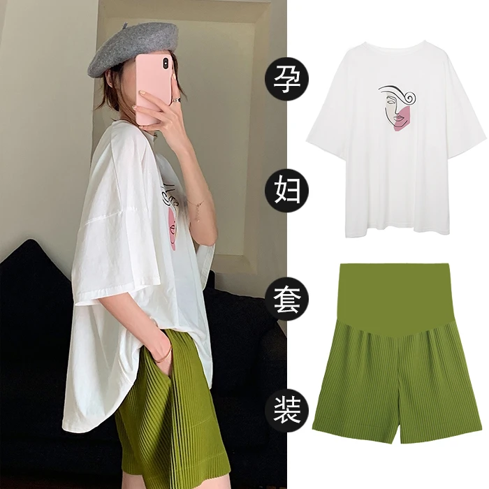 

Pregnant Women's Summer Set Loose White Top Shorts Short Sleeve Casual Sports 2pcs Suit Pregnancy Sleepwear Maternity Clothes