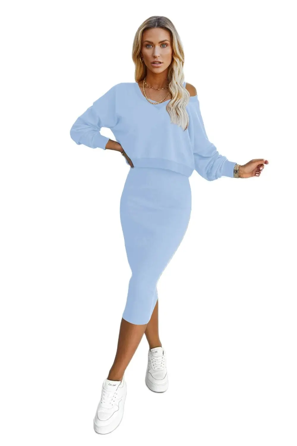 

Fall And Winter New Stylish Women'S Vest Skirt V-Neck Hoodie Sweater Set Girls Casual 2 Piece Suit Solid Color Skirt-Outfit