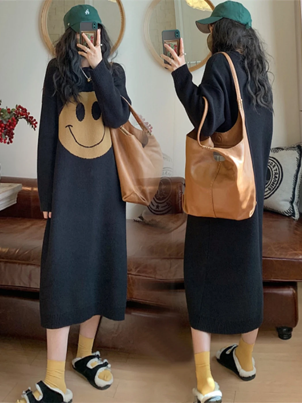 

Casual Smiling Face Thickened Women Winter Knit Dress Autumn Warm Straight Loose Long Dresses Long Sleeve Round Neck Vestidos