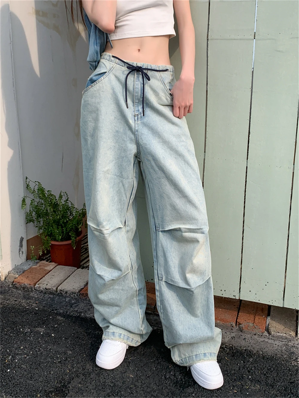 2023 New Spring/Summer Women's Retro Loose Relaxed High Waist Drawstring Slim Straight Leg Wide Leg Jeans