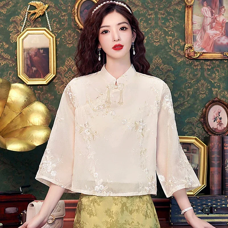 Женская блузка с цветочной вышивкой в китайском стиле