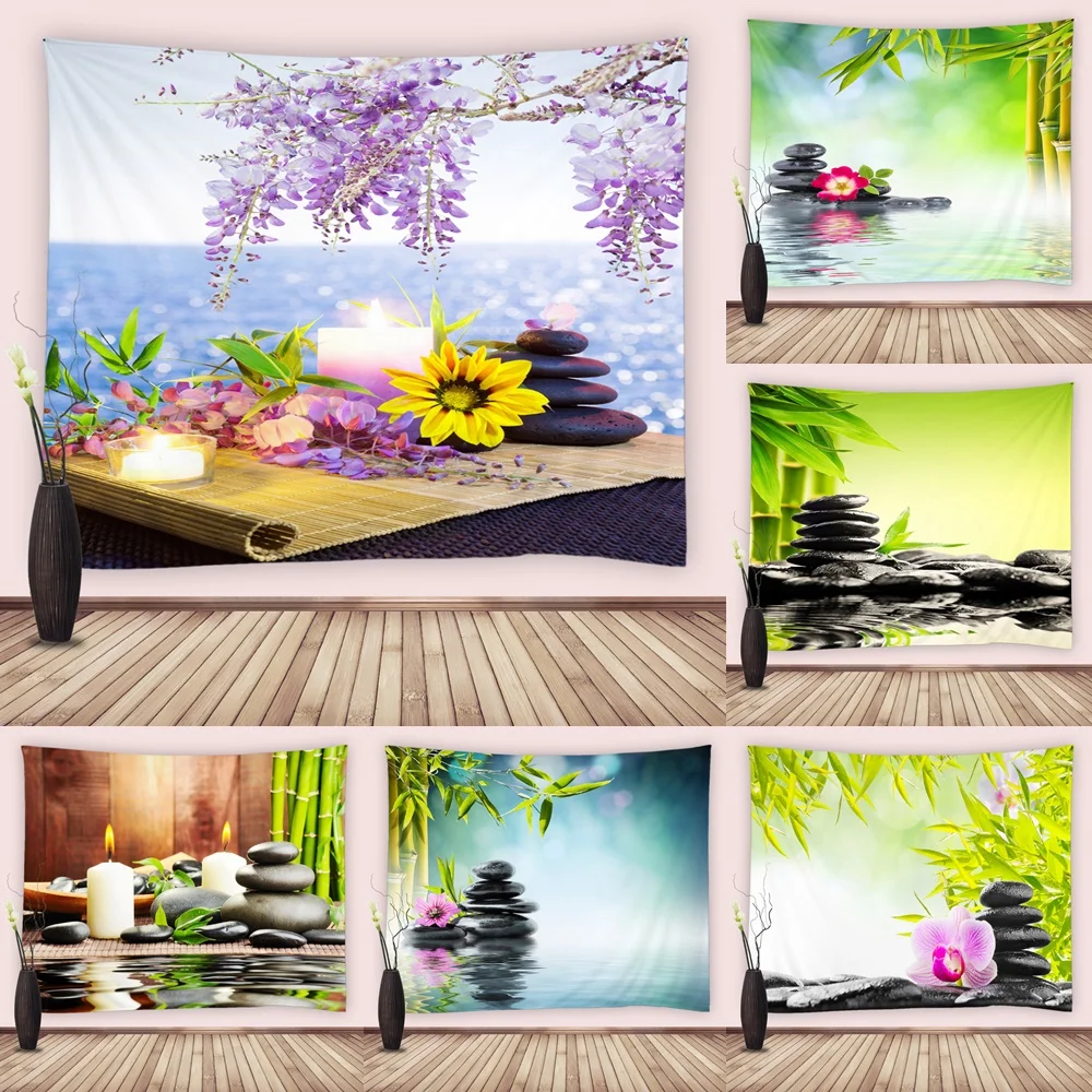

Zen Garden Tapestry Spa Green Bamboo Black Stone Flowers Plant Scenery Living Room Bedroom Decor Tapestries Fabric Wall Hanging