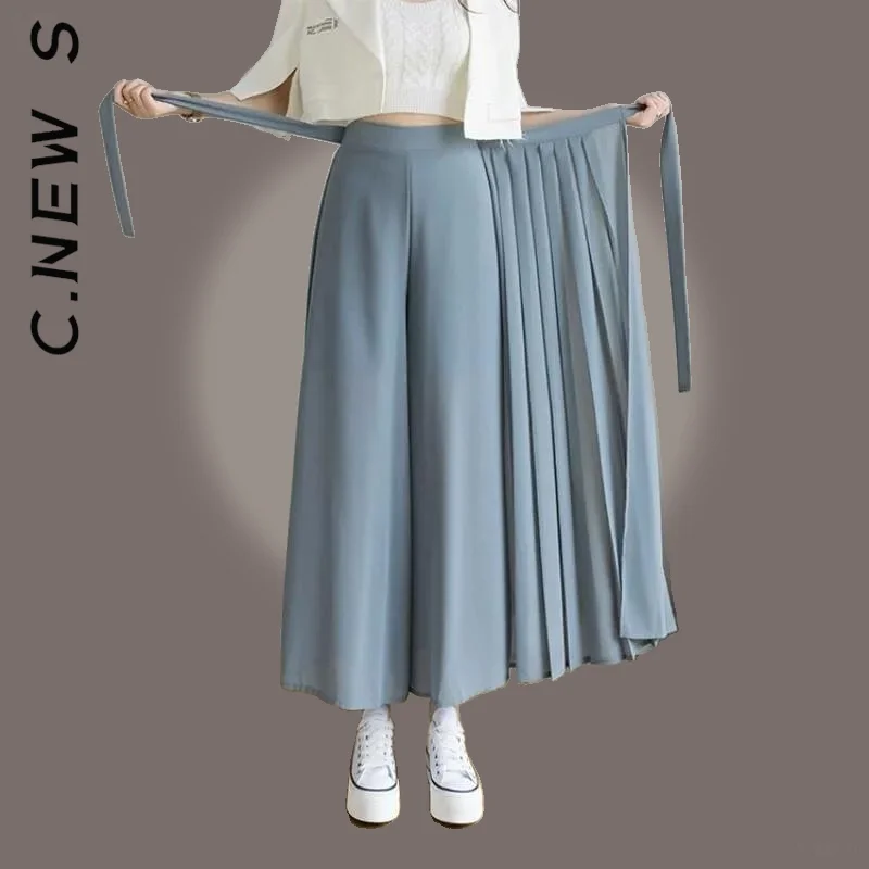 

C.New S 2022 New Spring Summer Style Korean Women Pleated Chiffon Trousers High Waist Pants Casual Wide Leg Long Pant