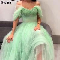 eeqasn mint green tulle midi prom dresses off shoulder sequines ankle length evening formal party gowns a line graduation dress