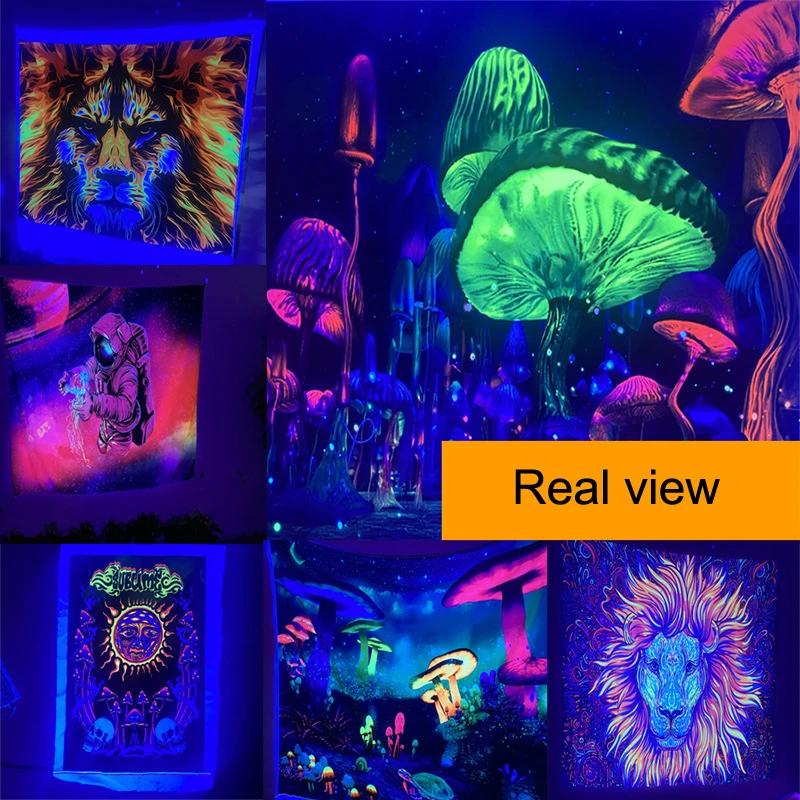 UV Reactive Fluorescent Mandala Elephant Tapestry Hippie Psychedelic Skull Spaceman Wall Hanging Cloth Bohemia Home Room Decor images - 6