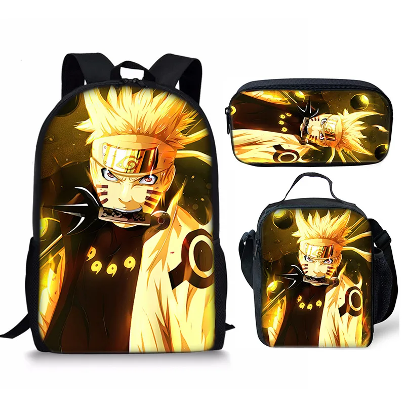 Bandai Naruto School Bag Printed Lunch Bag Pencil Case Backpack Three-piece Set Gifts Backpack Lightening Zipper Shoulders