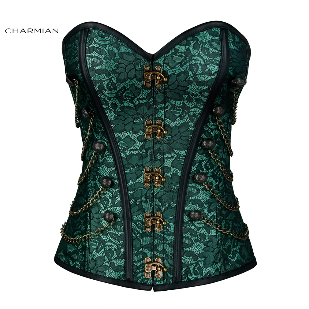 Charmian Women's Steampunk Gothic Brocade Halloween Overbust Corset with Chains Retro Jacquard Strapless Body Shaper Bustier Top