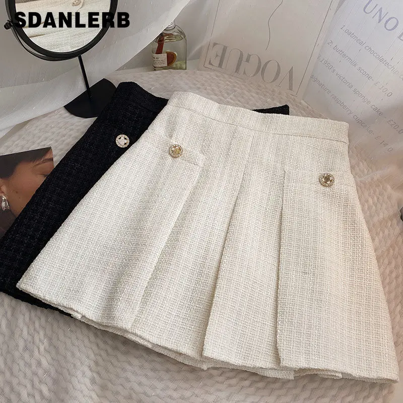 

Твидовая черная плиссированная короткая юбка с высокой талией, женская осенняя одежда, универсальная трапециевидная мини-юбка в Корейском ...