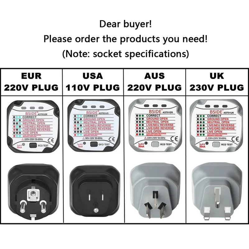 

BSIDE AST01 test socket zero line socket Electric Socket Tester RCD GFCI Test Outlet Ground Plug Polarity Phase wire check