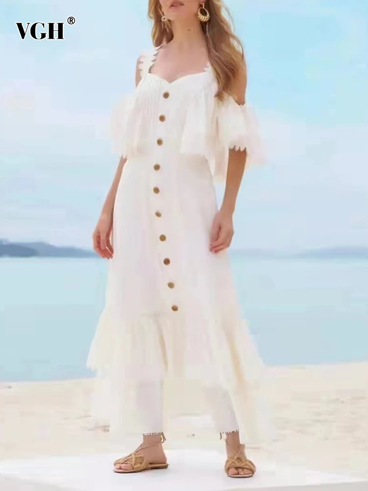 

VGH Patchwork Lace Dress For Women Square Collar Short Sleeve Off Shoulder Single Breasted Dresses Female 2022 Summer New Style