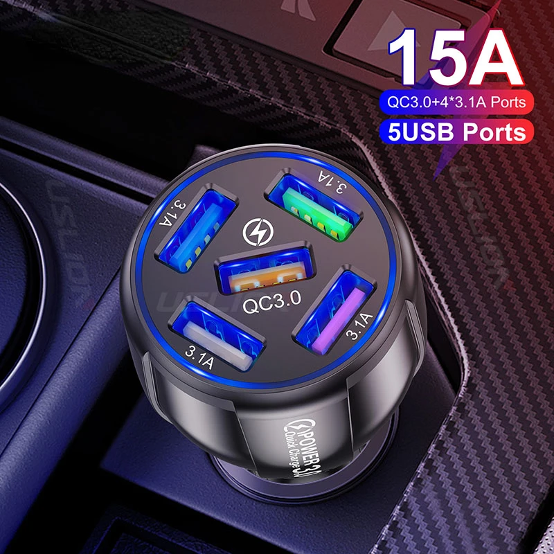 

Original For iPhone 12 Mobile Phone Charger Adapter in Car 15A 5 Ports USB Car Charge Quick Mini LED Fast Charging