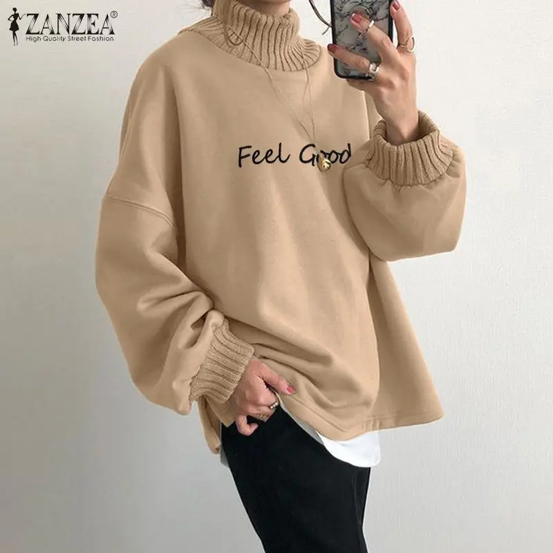 

ZANZEA Solid Long Sleeve Pullover Spring Autumn Oversized Hoodies Casual Patchwork Print Tops Women Casual Turtleneck Sweatshirt