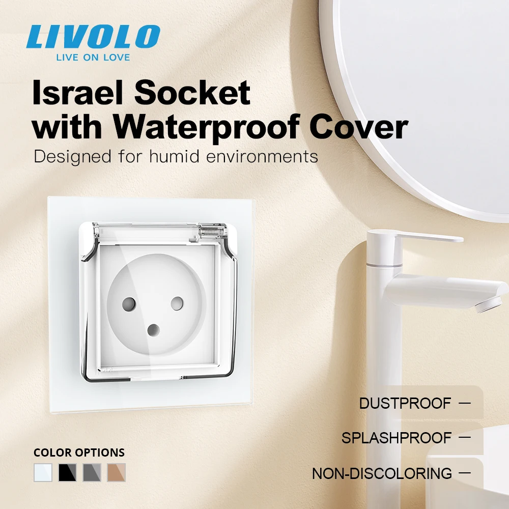 

Livolo Israel Standard Power Socket,Crystal Glass Panel, 16A plug with Waterproof Cover,3pins plug