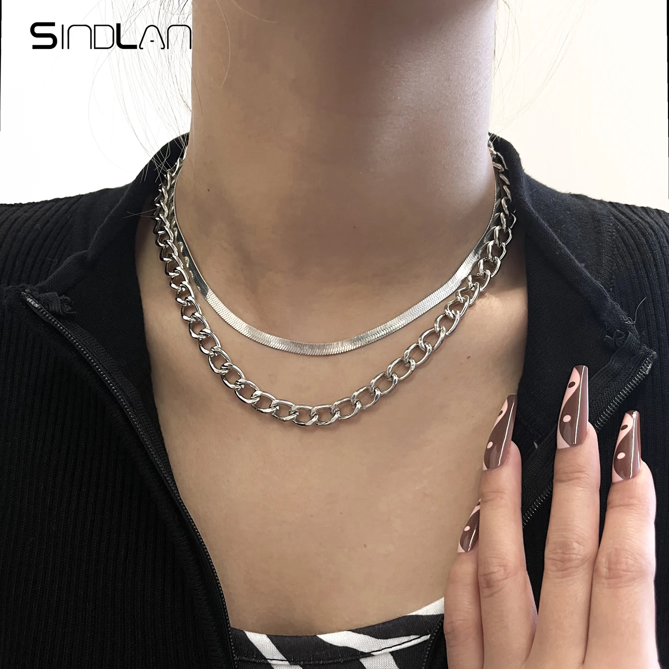 

Sindlan 2Pcs Punk Silver Color Snake Chain Neckalce for Women Hip Hop Geometric Set Stainless Steel Couple Emo Jewelry Collares
