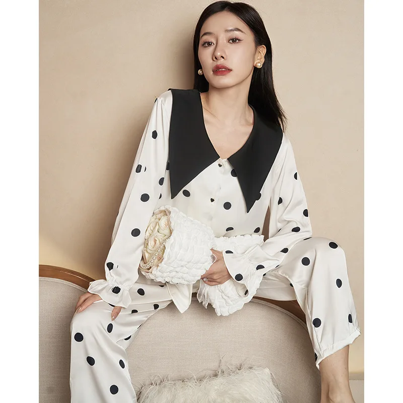 2023 New Arrival Spring and Autumn Black Large Lapel Ice Silk Pajamas Women's Long-Sleeved French Style Outerwear Home