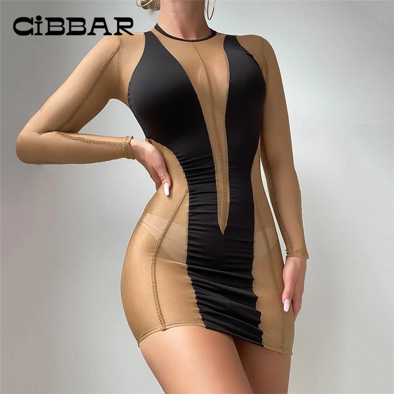 

CIBBAR Long Sleeves Mesh Mini Dress Women Sexy Transparent Clubwear Body-Shaping Dresses Midnight Patchwork See Through Clothing