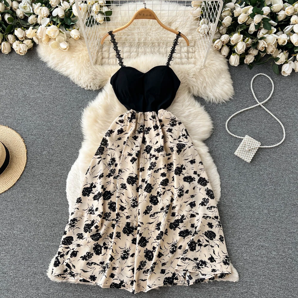 

Новинка лета 2022, кружевное платье на бретелях-спагетти, праздничное лоскутное платье контрастной расцветки в стиле ретро с принтом, женское...