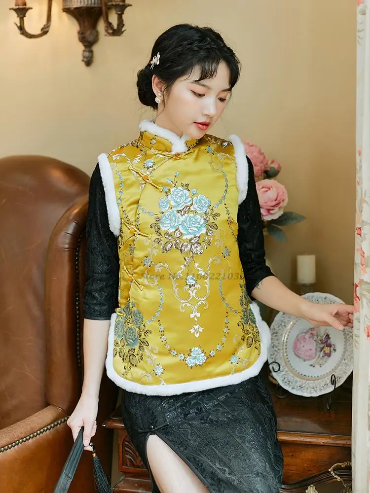 

2022 women gilet vintage elegant ethnic chinese satin jacquard vest sleeveless tang suit top china traditional thicken vest
