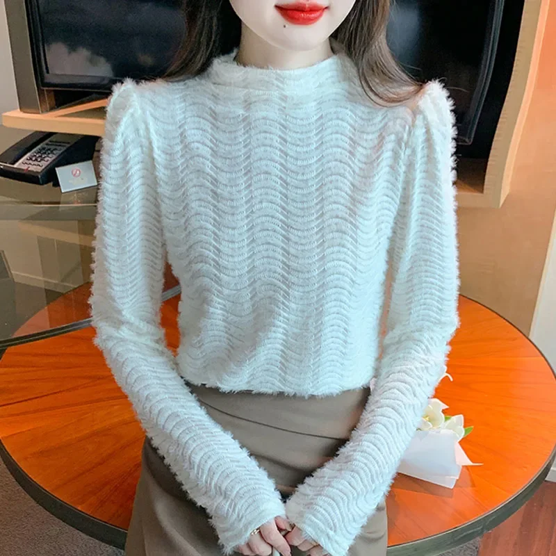 Новая осенняя женская блузка с воротником-стойкой кружевная длинным рукавом