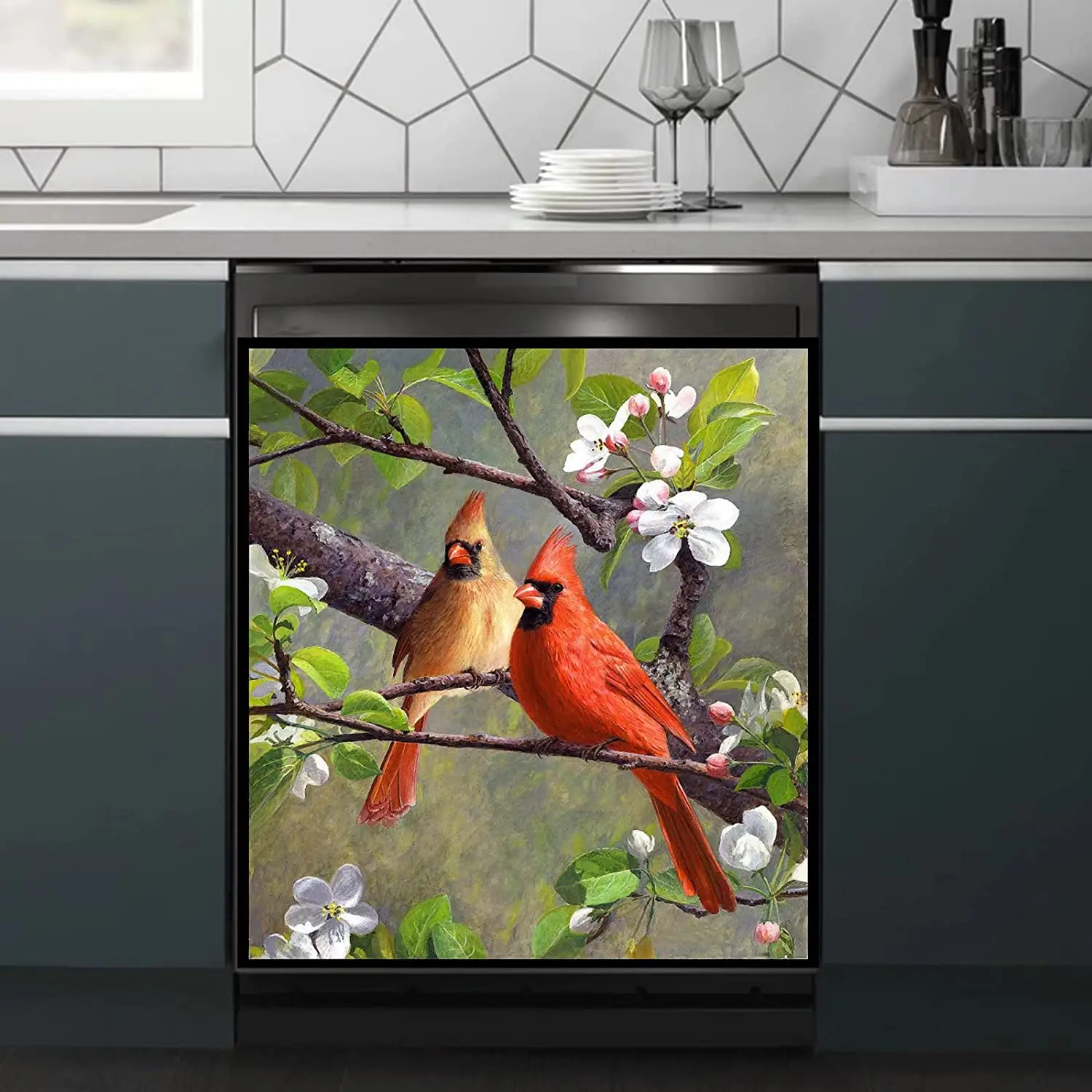 

Spring Flower Art Magnetic Refrigerator Magnet Fridge Sticker,Red Bird Kitchen Cabinet Magnet,Blossom Dishwasher Door Magnet Cov