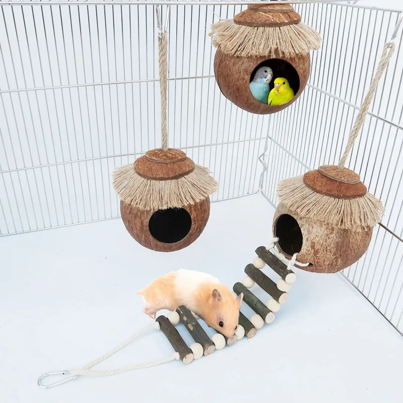 

Coconut Bird Nest Hut with Ladder for Parrots Parakeet Conures Cockatiel - Small Animals House Pet Cage Habitats Decoration