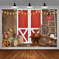 Western Cowboy Photography Backdrop Red Barn Door Farm Vintage Party Banner Decorations Hay Cowboy Hat Background Poster