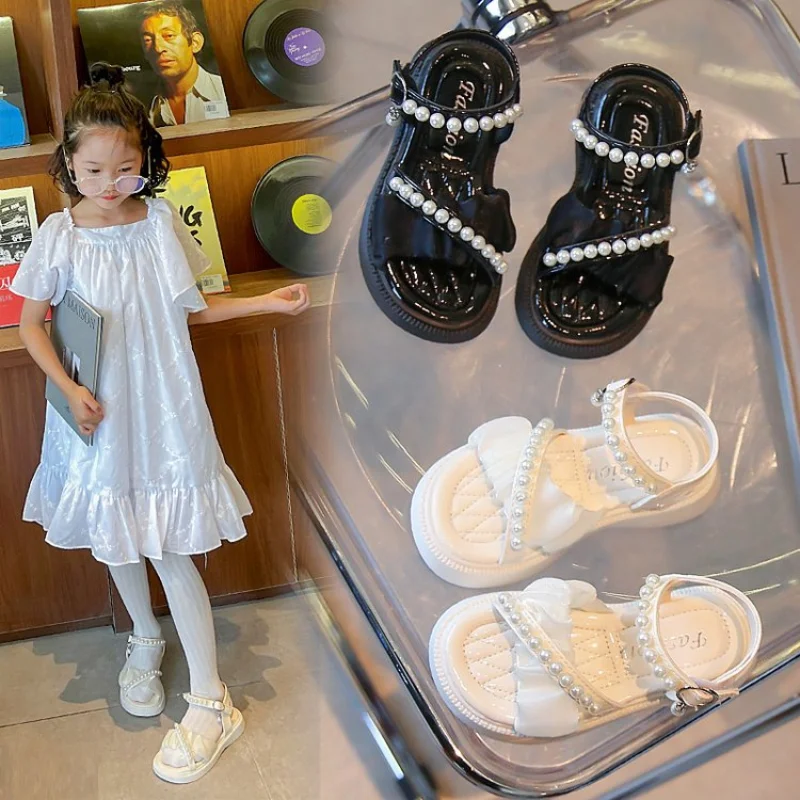 

New 2022 Summer Girls Sandals Gladiator Fashion Beading Princess Little Girls Shoes Children Beach Shoes Kids Flat Sandals 23-36