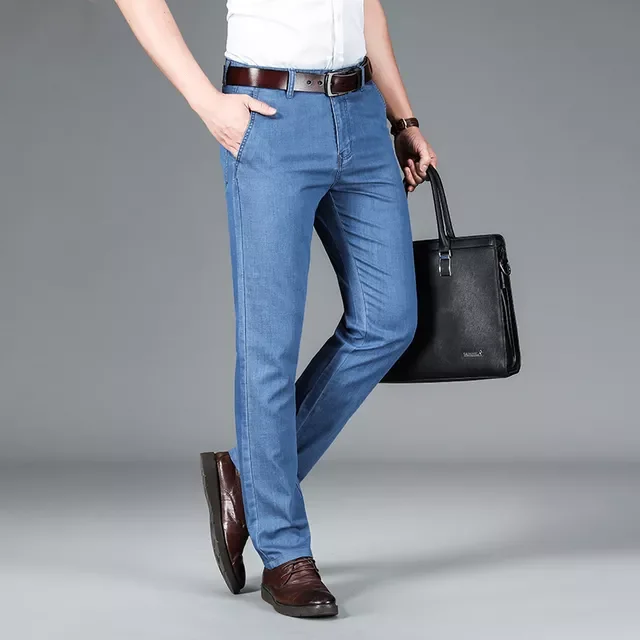 

NEW IN Men's Light Blue Thin Jeans Advanced Modal Fabric High Quality Business Casual Stretch Trousers Male Brand Pants 40 4