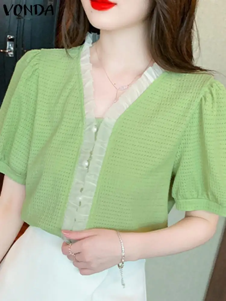 

Elegant Party Shirts VONDA Summer Women Blouse 2023 Fashion Sexy V Neck Solid Color Lace Tops Tunic Casual Loose Blusas Femme