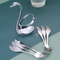 elegant swan base holder forks set stainless steel salad dessert coffee spoon cake tableware zero waste flatware fruit fork
