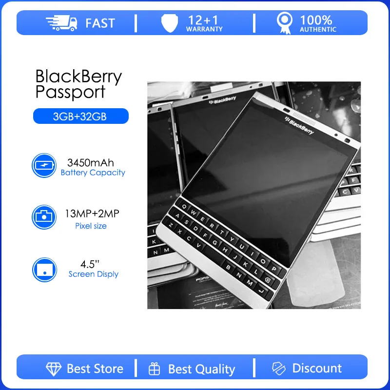 Фото Восстановленный разблокированный сотовый телефон Blackberry Passport Silver Edition Q30 4G LTE TFT 3