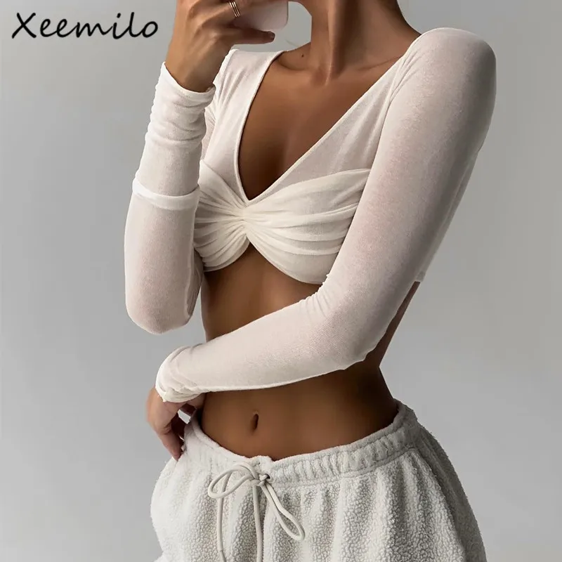 

Xeemilo V-neck Bow Pleated T Shirt Elegant White Long Sleeve Exposed Navel Crop Tops Summer Trendy Streetwear Slim Bodycon Tees