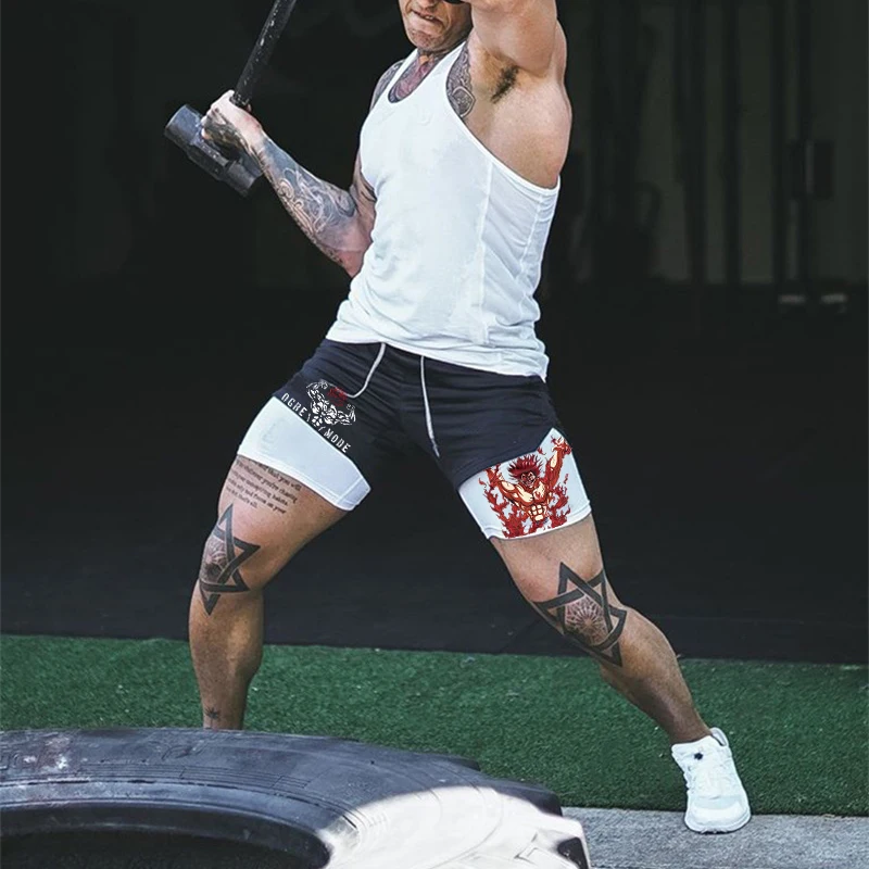 Anime Baki 2-in-1 Gym Performance Short Mens Athletic Compression Shorts Quick Dry Stretch Workout Fitness Running Jogging