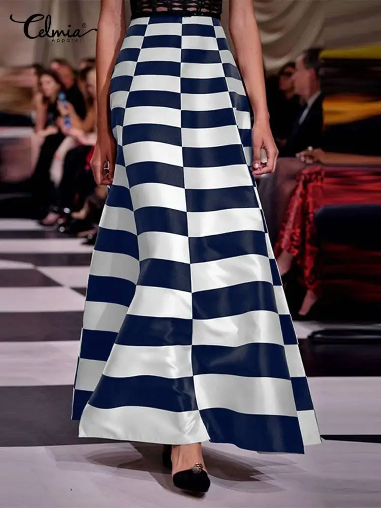 

Celmia винтажная длинная вечерняя модная атласная элегантная Макси-юбка с высокой талией, клетчатая Женская трапециевидная юбка знаменитосте...