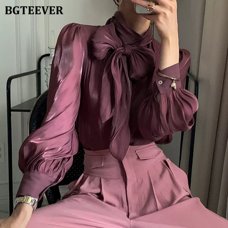 

BGTEEVER Elegant Chic Turtleneck Lace-up Solid Blouses Tops for Women Full Sleeve Loose Female Pullovers Shirts 2021 Autumn