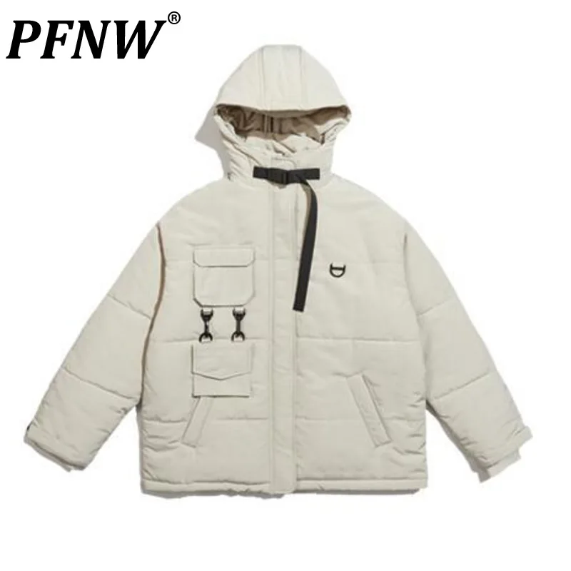 

PFNW Autumn Winter Men's Trendy Hooded Techwear Chic Solid Color Tactical Button Decorative Cotton Coat Outdoor Jackets 12A7999