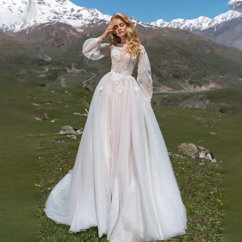 

Unique Full Puff Sleeves Wedding Dresses O-neck Handmade Lace Apllique Button Back Bride Gowns Robe de mariage Custom Made