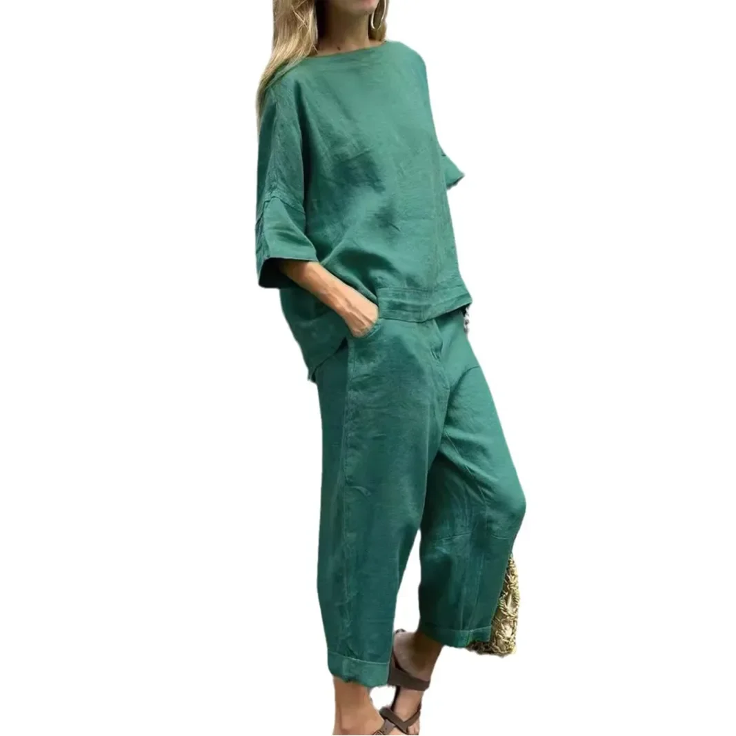 Spring Autumn High Waist Loose Cotton Linen Shirt Fashion Sports Set Women's Dress Sets Comfortable Casual Outfit