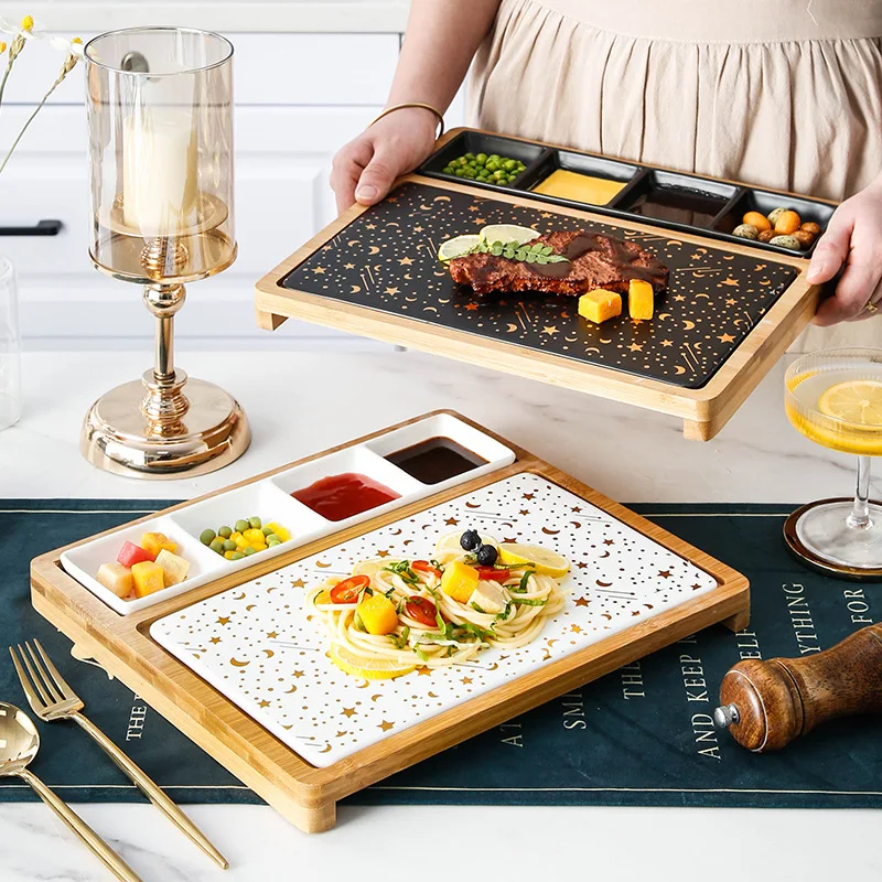 

moon steak plate wooden tray restaurant underglaze color square four connected small plate placement plate Western food plate