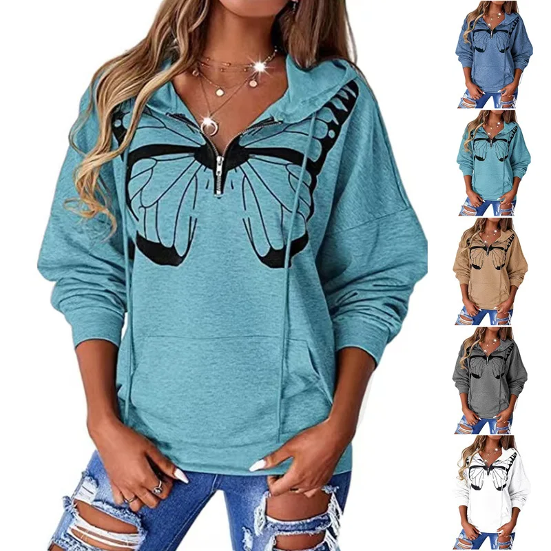 

Korean Style Warm Womens Loose Streetwear Butterfly Print Hoodies Women Hooded Simple All-Match Leisure Oversize Pullovers