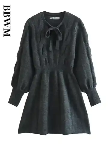 Winter 2022 Women Fashion Eight Strand Knit Dress O Neck Vintage Long Sleeve Chic Female Grey Casual Mini Dresses Vestidos